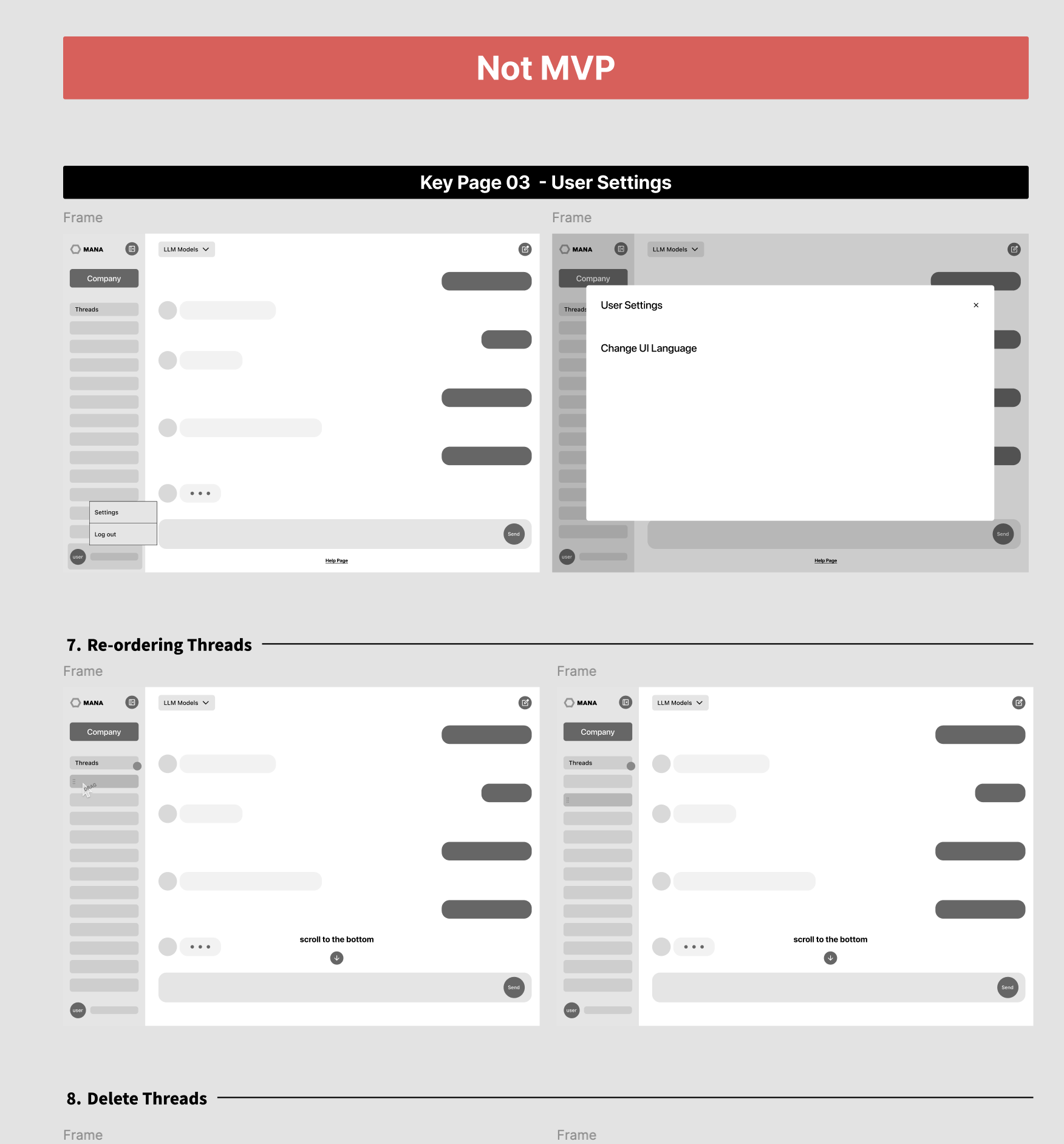 Wireframe pages marked 'Not MVP' — settings and thread-management flows scoped out of the first release